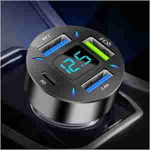 4 Ports USB Car Charger USB Adapter with Voltmeter,Type C Port PD 3.1QC 3.0 Super Fast Charging Car Cigarette Lighter Plug for iPhone