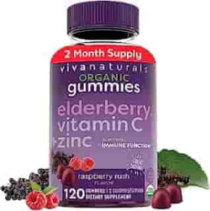 Organic Elderberry Gummies with Zinc and Vitamin C (120 Count) - Two-Month Supply, Certified USDA Organic 3-in-1